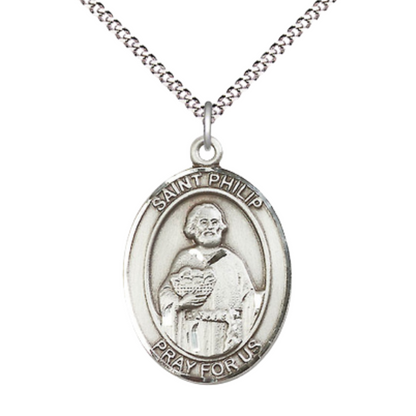 Women's .925 Sterling Silver Saint St. Philip the Apostle Medal Pendant on 18 Inch Rhodium Plated Lite Curb Brass Chain w/ Lobster Claw Clasp, Catholic Religious Necklace - Made in USA- Deluxe Velvet Gift Box
