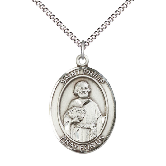 Women's .925 Sterling Silver Saint St. Philip the Apostle Medal Pendant on 18 Inch Rhodium Plated Lite Curb Brass Chain w/ Lobster Claw Clasp, Catholic Religious Necklace - Made in USA- Deluxe Velvet Gift Box
