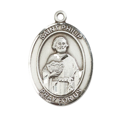 Mens .925 Sterling Silver Saint St. Philip the Apostle Medal Pendant on 24 Inch Rhodium Plated Heavy Curb Brass Chain with Lobster Claw clasp, Catholic Religious Necklace - Made in USA- Velvet Gift Box
