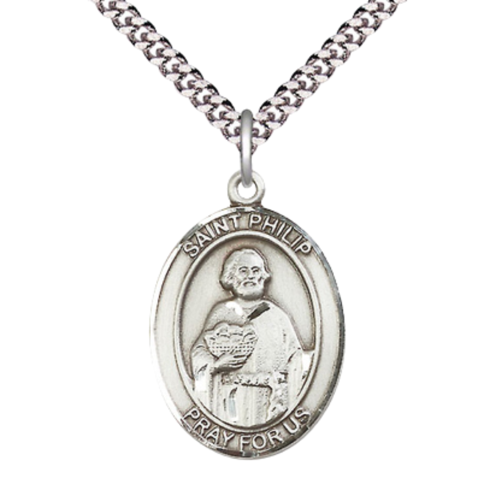 Saint St. Philip the Apostle Men's Pewter Medal Necklace, Catholic Medal - Patron Saint. of Hatters & Pastry Chefs – 24 Inch Light Endless Rhodium Plated Chain – Velvet Gift Box