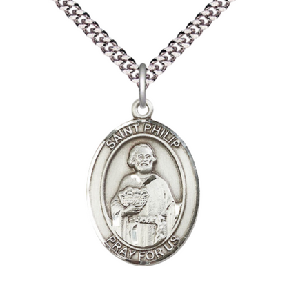 Mens Oval Pewter Saint Philip the Apostle Medal Pendant on 24" Rhodium Plated Heavy Curb Brass Chain with Lobster Claw clasp , Catholic Religious Necklace -Made in USA - Deluxe Velvet Gift Box