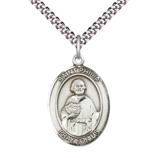 Saint Philip the Apostle Men's Sterling Silver Medal Necklace– Patron Saint of Hatters & Pastry Chefs – 24” Light Rhodium Plated Heavy Curb Chain – Velvet Gift Box