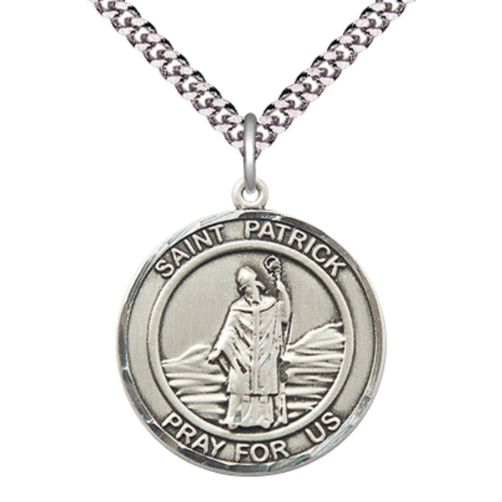 Mens 1 x 7/8" Round Pewter Saint Patrick Medal Pendant on 24" Rhodium Plated Heavy Curb Brass Chain with Lobster Claw clasp, Catholic Religious Necklace -Made in USA- Deluxe Velvet Gift Box