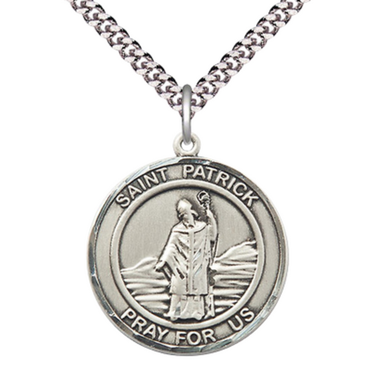 Mens 1 x 7/8" Round Pewter Saint Patrick Medal Pendant on 24" Rhodium Plated Heavy Curb Brass Chain with Lobster Claw clasp, Catholic Religious Necklace -Made in USA- Deluxe Velvet Gift Box