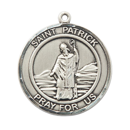 Mens Round .925 Sterling Silver Saint St. Patrick Medal Pendant on 24 Inch Rhodium Plated Heavy Curb Brass Chain with Lobster Claw clasp, Catholic Religious Necklace - Made in USA- Velvet Gift Box