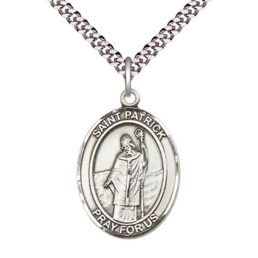 Sterling Silver Saint Patrick Medal – Patron Saint of Ireland, Engineers & Protection from Snakes with 24” Light Rhodium Heavy Curb Chain