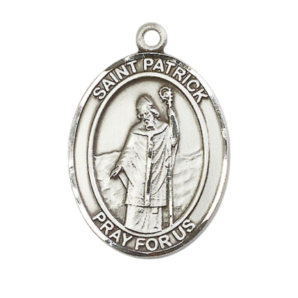 Sterling Silver Saint Patrick Medal – Patron Saint of Ireland, Engineers & Protection from Snakes with 24” Light Rhodium Heavy Curb Chain