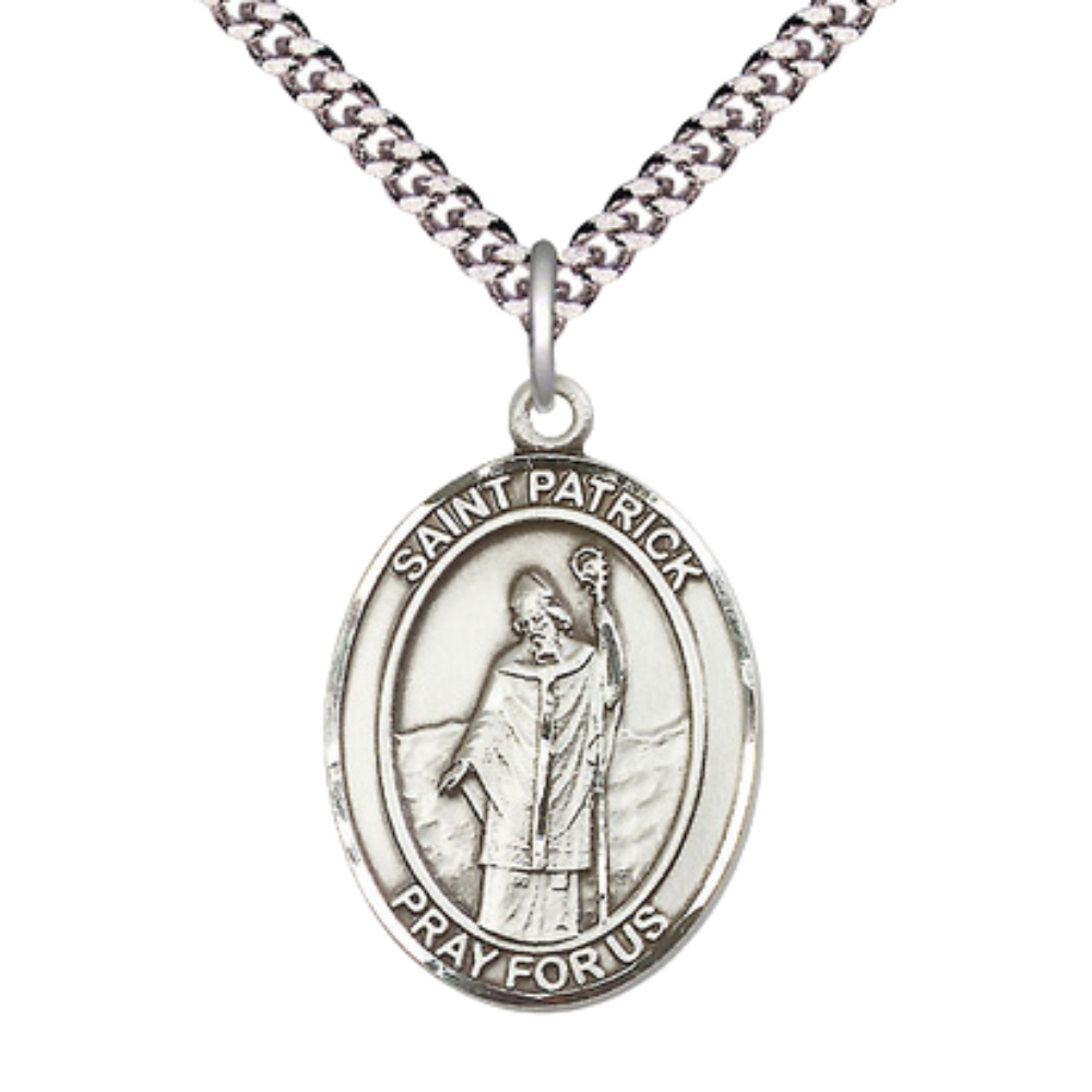 Mens 1 x 3/4" Oval Pewter Saint St. Patrick Medal Pendant on 24 Inch Rhodium Plated Heavy Curb Brass Chain with Lobster Claw clasp, Catholic Religious Necklace - Made in USA - Deluxe Velvet Gift Box
