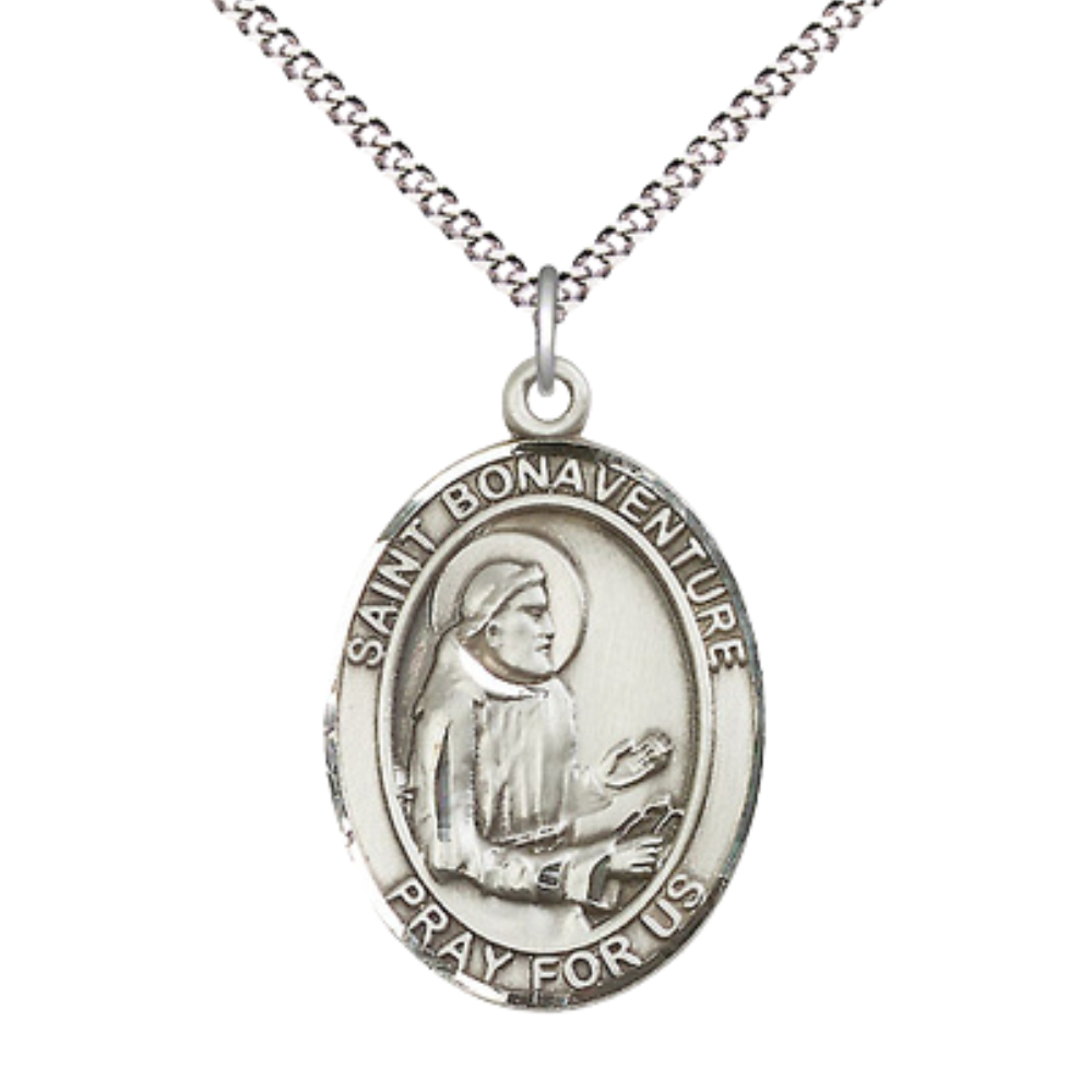 Women's .925 Sterling Silver Saint St. Bonaventure Medal Pendant on 18 Inch Rhodium Plated Lite Curb Brass Chain w/ Lobster Claw Clasp, Catholic Religious Necklace - Made in USA- Deluxe Velvet Gift Box
