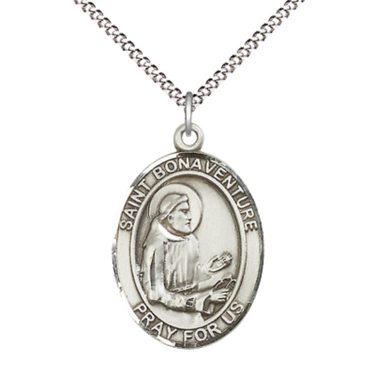 Women's .925 Sterling Silver Saint St. Bonaventure Medal Pendant on 18 Inch Rhodium Plated Lite Curb Brass Chain w/ Lobster Claw Clasp, Catholic Religious Necklace - Made in USA- Deluxe Velvet Gift Box