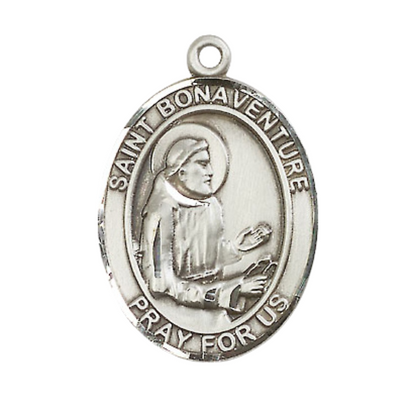 Mens 1 x 3/4" Oval Pewter Saint St. Bonaventure Medal Pendant on 24 Inch Rhodium Plated Heavy Curb Brass Chain with Lobster Claw clasp, Catholic Religious Necklace - Made in USA- Velvet Gift Box