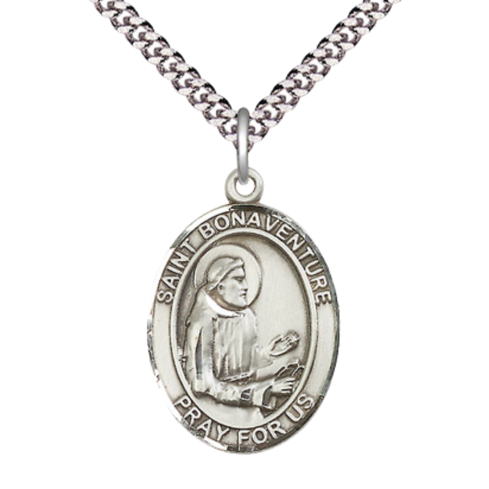 Saint Bonaventure Men's Sterling Silver Medal Necklace– Patron Saint of Bowel Disorders – 24” Light Rhodium Plated Heavy Curb Chain – Velvet Gift Box