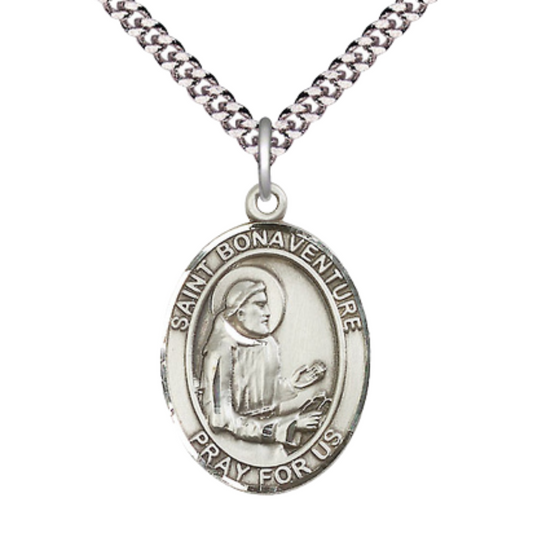 Saint Bonaventure Men's Sterling Silver Medal Necklace– Patron Saint of Bowel Disorders – 24” Light Rhodium Plated Heavy Curb Chain – Velvet Gift Box