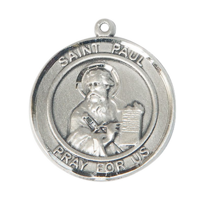 Mens Round Pewter Saint Paul the Apostle Medal Pendant on 24" Rhodium Plated Heavy Curb Brass Chain with Lobster Claw clasp, Catholic Religious Necklace -Made in USA- Deluxe Velvet Gift Box