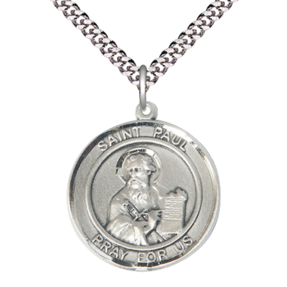 Mens Round Pewter Saint Paul the Apostle Medal Pendant on 24" Rhodium Plated Heavy Curb Brass Chain with Lobster Claw clasp, Catholic Religious Necklace -Made in USA- Deluxe Velvet Gift Box