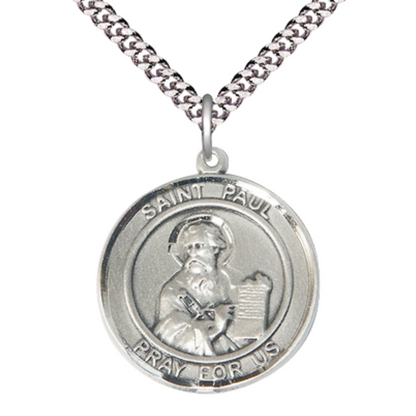 Mens Round Pewter Saint Paul the Apostle Medal Pendant on 24" Rhodium Plated Heavy Curb Brass Chain with Lobster Claw clasp, Catholic Religious Necklace -Made in USA- Deluxe Velvet Gift Box