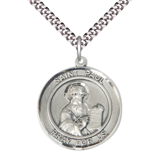 Mens Round Pewter Saint Paul the Apostle Medal Pendant on 24" Rhodium Plated Heavy Curb Brass Chain with Lobster Claw clasp, Catholic Religious Necklace -Made in USA- Deluxe Velvet Gift Box