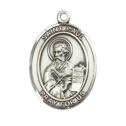 Mens Oval Pewter Saint St. Paul the Apostle Medal Pendant on 24 Inch Rhodium Plated Heavy Curb Brass Chain with Lobster Claw clasp, Catholic Religious Necklace - Made in USA - Deluxe Velvet Gift Box