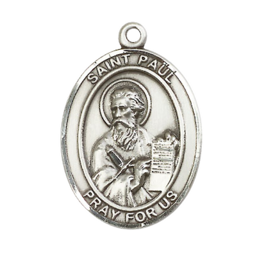 Mens Sterling Silver Saint Paul the Apostle Medal Pendant on 24" Rhodium Plated Heavy Curb Brass Chain with Lobster Claw clasp, Catholic Religious Necklace -Made in USA- Velvet Gift Box