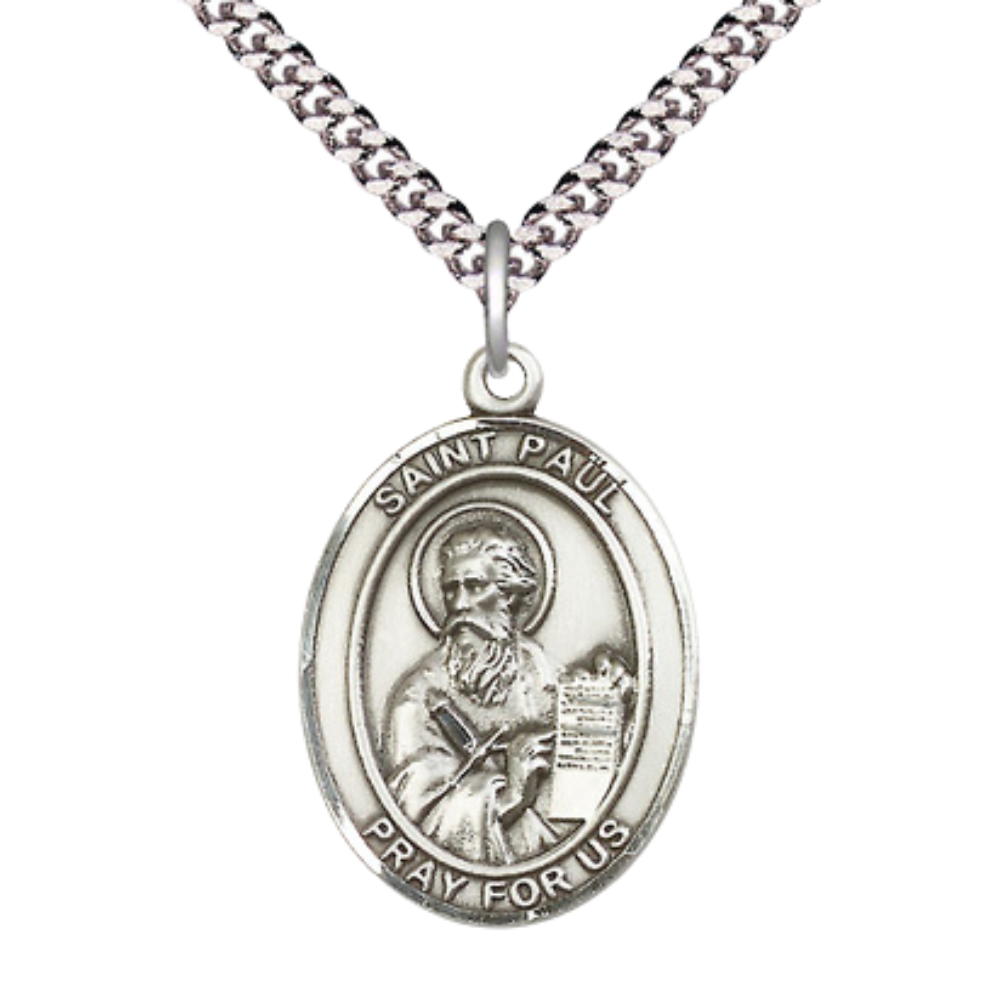 Saint Paul the Apostle Men's Sterling Silver Medal Necklace– Patron Saint of Publishers & Reporters – 24” Light Rhodium Plated Heavy Curb Chain – Velvet Gift Box