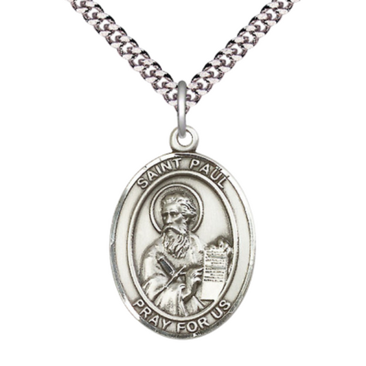 Saint Paul the Apostle Men's Sterling Silver Medal Necklace– Patron Saint of Publishers & Reporters – 24” Light Rhodium Plated Heavy Curb Chain – Velvet Gift Box