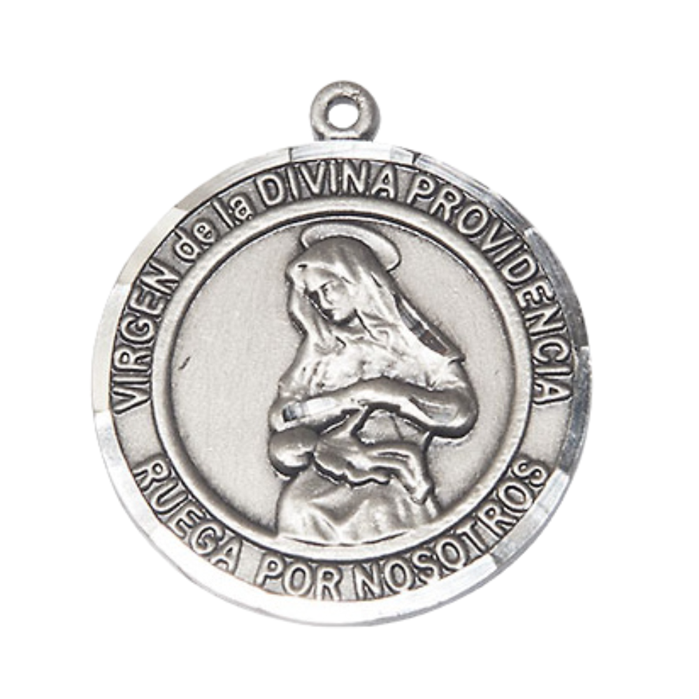Spanish Script Women's Pewter Virgen Divina Providencia Medal Pendant on 18 Inch Rhodium Plated Lite Curb Brass Chain, Catholic Religious Necklace with Lobster Claw Clasp - Made in USA, Deluxe Velvet Gift Box