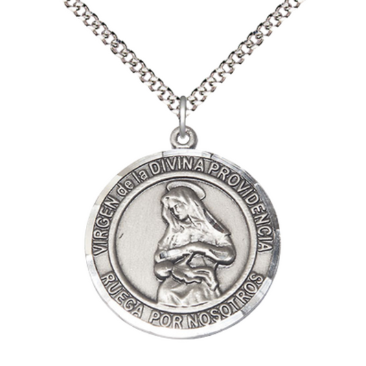 Spanish Script Women's .925 Sterling Silver Virgen Divina Providencia Medal Pendant on 18 Inch Rhodium Plated Lite Curb Brass Chain, Catholic Religious Necklace with Lobster Claw Clasp - Made in USA - Velvet Gift Box