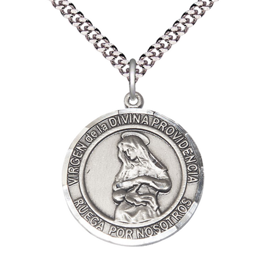 Mens Sterling Silver Virgen Divina Providencia Medal Pendant on 24" Rhodium Plated Heavy Curb Brass Chain with Lobster Claw clasp, Catholic Religious Necklace -Made in USA- Velvet Gift Box