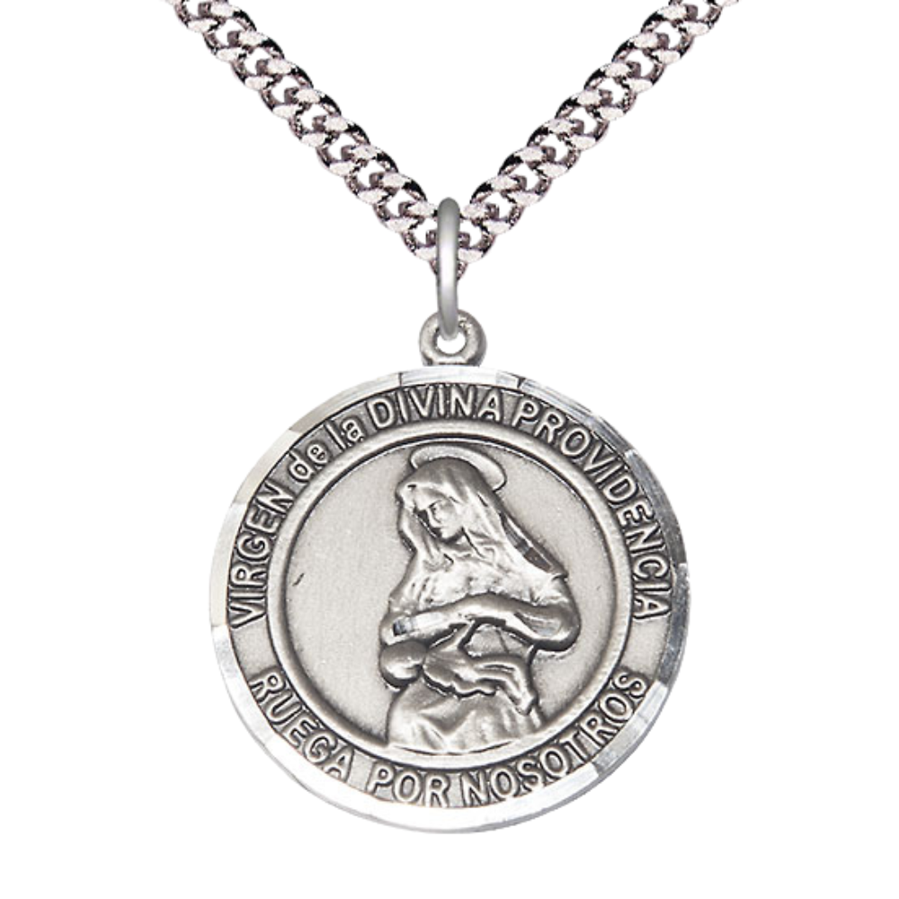 Spanish Script Men's .925 Sterling Silver Virgen Divina Providencia Medal Pendant on 24 Inch Endless Rhodium Plated Heavy Curb Chain,Catholic Religious Necklace -Made in USA, Deluxe Velvet Gift Box.