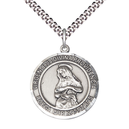 Mens Round Pewter Virgen Divina Providencia Medal Pendant on 24 Inch Rhodium Plated Heavy Curb Brass Chain with Lobster Claw clasp, Catholic Religious Necklace - Made in USA- Velvet Gift Box