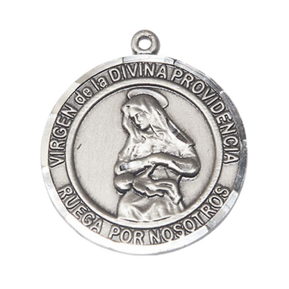Spanish Script Men's Pewter Virgen Divina Providencia Medal Pendant on 24 Inch Endless Rhodium Plated Heavy Curb Chain,Catholic Religious Necklace -Made in USA, Comes in Deluxe Velvet Gift Box