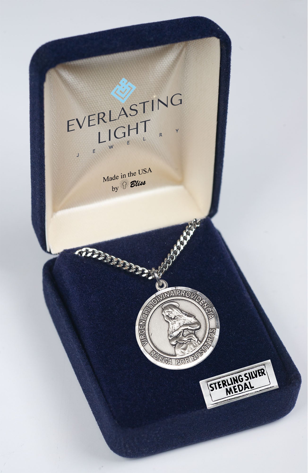 Mens Round Pewter Virgen Divina Providencia Medal Pendant on 24 Inch Rhodium Plated Heavy Curb Brass Chain with Lobster Claw clasp, Catholic Religious Necklace - Made in USA- Velvet Gift Box
