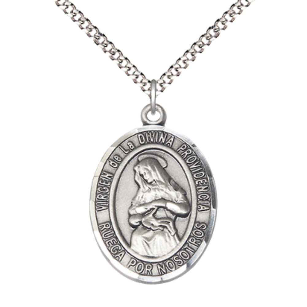 Spanish Script Women's Pewter Virgen de la Divina Medal Pendant on 18 Inch Rhodium Plated Lite Curb Brass Chain, Catholic Religious Necklace with Lobster Claw Clasp - Made in USA, Comes in Deluxe Velvet Gift Box