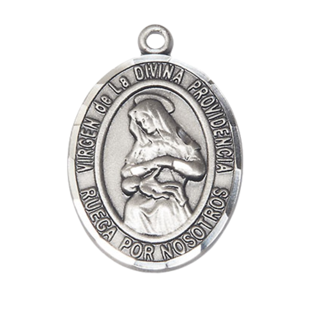 Spanish Script Women's Pewter Virgen de la Divina Medal Pendant on 18 Inch Rhodium Plated Lite Curb Brass Chain, Catholic Religious Necklace with Lobster Claw Clasp - Made in USA, Comes in Deluxe Velvet Gift Box