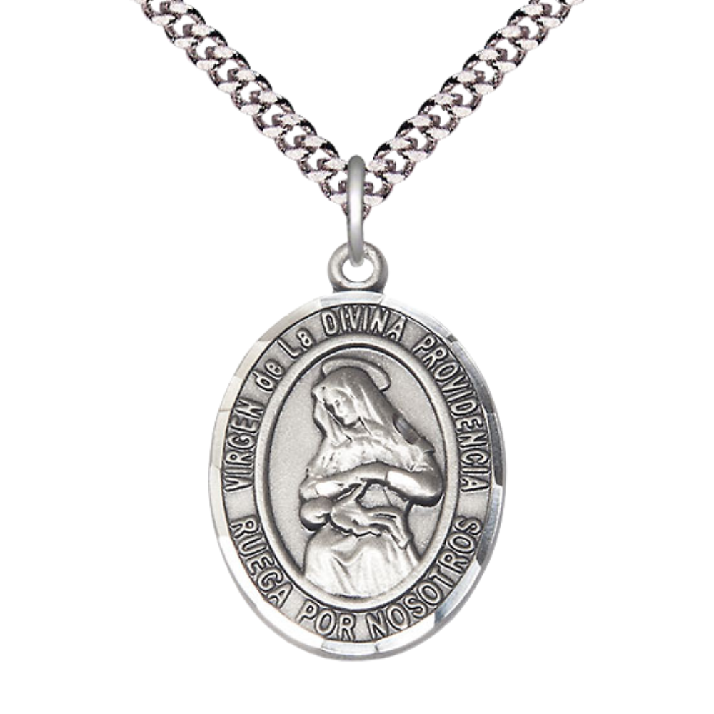 Mens .925 Sterling Silver Virgen de la Divina Medal Pendant on 24" Rhodium Plated Heavy Curb Brass Chain with Lobster Claw clasp, Catholic Religious Necklace - Made in USA- Velvet Gift Box