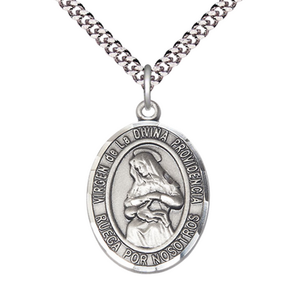 Everlasting Light Jewelry Spanish Script Men's Pewter Virgen de la Divina Medal Pendant on 24 Inch Endless Rhodium Plated Heavy Curb Chain,Catholic Religious Necklace -Made in USA - Deluxe Velvet Gift Box
