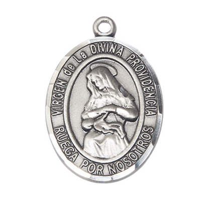 Everlasting Light Jewelry Spanish Script Men's Pewter Virgen de la Divina Medal Pendant on 24 Inch Endless Rhodium Plated Heavy Curb Chain,Catholic Religious Necklace -Made in USA - Deluxe Velvet Gift Box