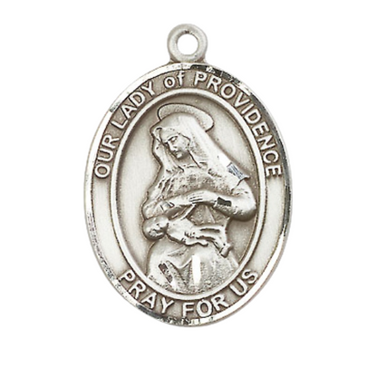 Women's .925 Sterling Silver Our Lady of Providence Medal Pendant on 18 Inch Rhodium Plated Lite Curb Brass Chain w/ Lobster Claw Clasp, Catholic Religious Necklace - Made in USA- Deluxe Velvet Gift Box