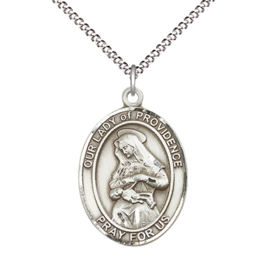 Women's Pewter Our Lady of Providence Medal Pendant on 18 Inch Rhodium Plated Lite Curb Brass Chain w/ Lobster Claw Clasp, Catholic Religious Necklace - Made in USA- Deluxe Velvet Gift Box