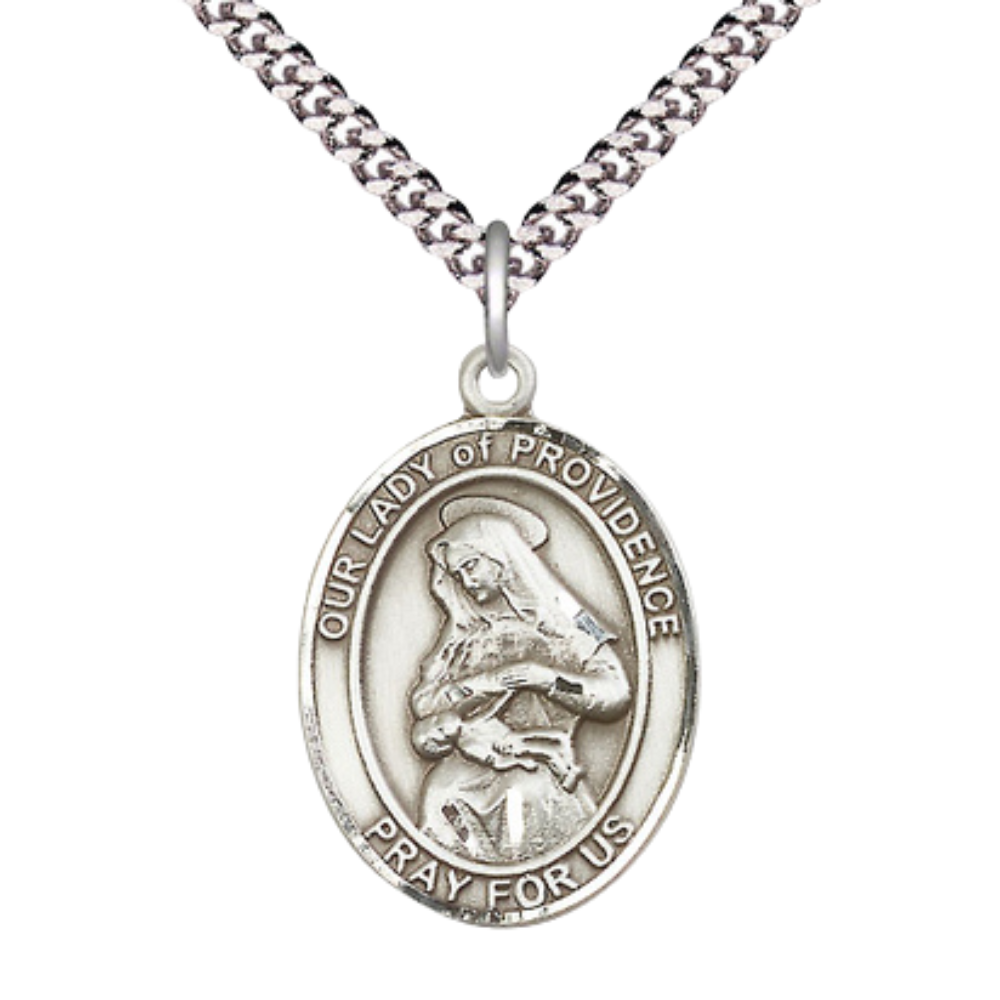 Our Lady of Providence Men's Medal Necklace – 24 Inch Endless Light Rhodium Plated Heavy Curb Chain – Patron Saint St. of Puerto Rico – Exquisite Catholic Religious Jewelry in Velvet Gift Box