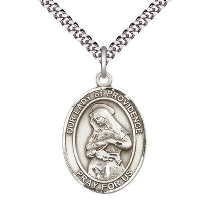 Our Lady of Providence Men's Medal Necklace – 24 Inch Endless Light Rhodium Plated Heavy Curb Chain – Patron Saint St. of Puerto Rico – Exquisite Catholic Religious Jewelry in Velvet Gift Box