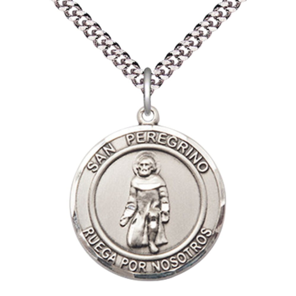 Mens 1 x 7/8" Round Pewter Saint St. Peregrino Medal Pendant on 24 Inch Rhodium Plated Heavy Curb Brass Chain with Lobster Claw clasp, Catholic Religious Necklace - Made in USA- Deluxe Velvet Gift Box