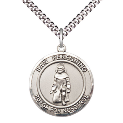 Mens 1 x 7/8" Round Pewter Saint St. Peregrino Medal Pendant on 24 Inch Rhodium Plated Heavy Curb Brass Chain with Lobster Claw clasp, Catholic Religious Necklace - Made in USA- Deluxe Velvet Gift Box