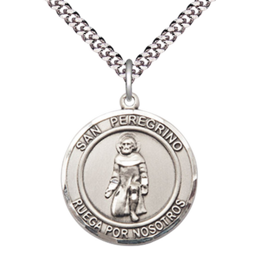 Mens 1 x 7/8" Round Pewter Saint St. Peregrino Medal Pendant on 24 Inch Rhodium Plated Heavy Curb Brass Chain with Lobster Claw clasp, Catholic Religious Necklace - Made in USA- Deluxe Velvet Gift Box