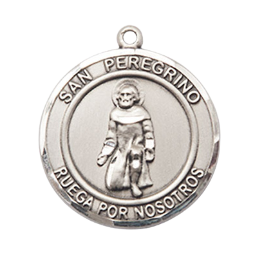 Mens Round .925 Sterling Silver Saint St. Peregrino Medal Pendant on 24 Inch Rhodium Plated Heavy Curb Brass Chain with Lobster Claw clasp, Catholic Religious Necklace - Made in USA- Velvet Gift Box