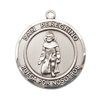 Mens Round .925 Sterling Silver Saint St. Peregrino Medal Pendant on 24 Inch Rhodium Plated Heavy Curb Brass Chain with Lobster Claw clasp, Catholic Religious Necklace - Made in USA- Velvet Gift Box