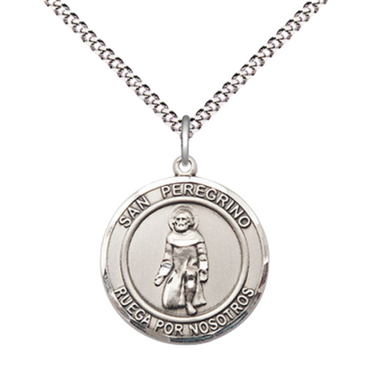 Spanish Script Women's .925 Sterling Silver Saint St. Peregrino Medal Pendant on 18 Inch Rhodium Plated Lite Curb Brass Chain, Catholic Religious Necklace with Lobster Claw Clasp - Made in USA, in Deluxe Velvet Gift Box