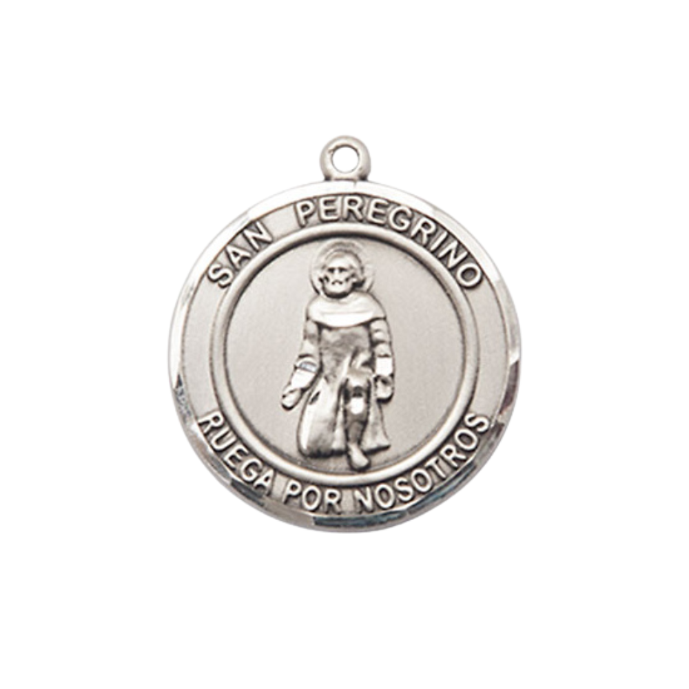 Spanish Script Women's Pewter Saint St. Peregrino Medal Pendant on 18 Inch Rhodium Plated Lite Curb Brass Chain, Catholic Religious Necklace with Lobster Claw Clasp - Made in USA- Deluxe Velvet Gift Box