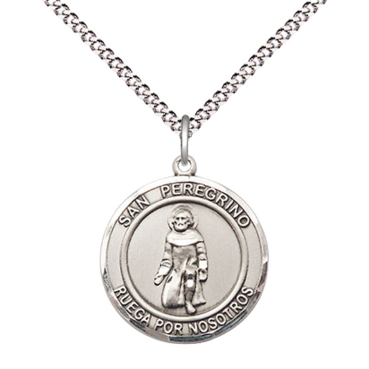 Spanish Script Women's Pewter Saint St. Peregrino Medal Pendant on 18 Inch Rhodium Plated Lite Curb Brass Chain, Catholic Religious Necklace with Lobster Claw Clasp - Made in USA- Deluxe Velvet Gift Box