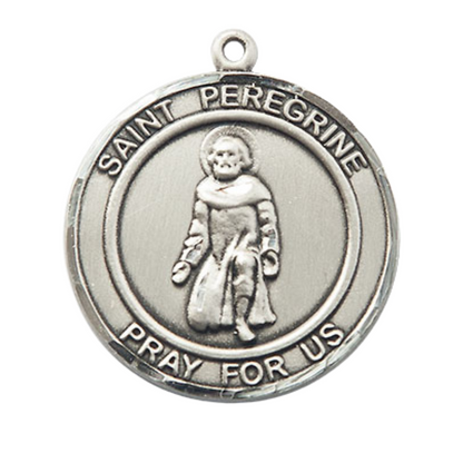Women's Pewter Saint St. Peregrine Medal Pendant on 18 Inch Rhodium Plated Lite Curb Brass Chain w/Lobster Claw Clasp, Catholic Religious Necklace - Made in USA- Deluxe Velvet Gift Box
